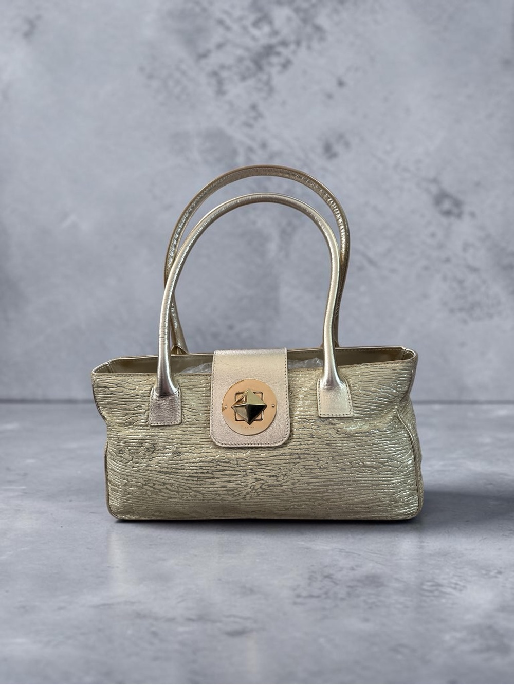 Kate Spade Metallic Gold Textured Tote Bag with Turn-Lock Accent